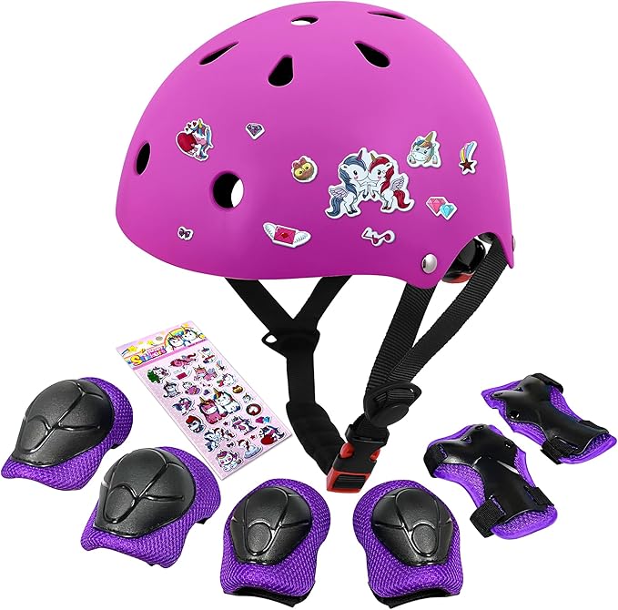 Kids Bike Helmet with DIY Stickers and Knee Pads Elbow Pads Wrist Guard Set for Ages 3-8-14 Toddler Boys Girls Helmet for Roller Skates Cycling Skateboarding Bicycle Scooter-BubblyBeeBaby