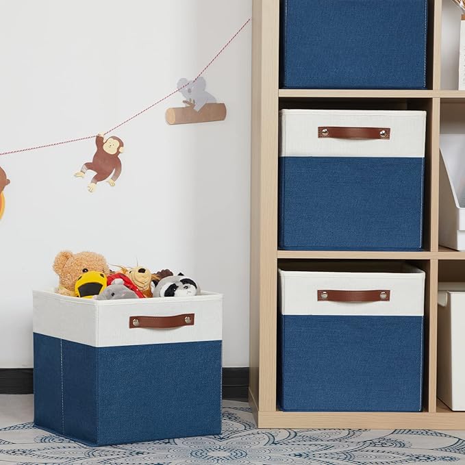 HNZIGE Cube Storage Baskets,Fabric Storage Cubes 12 x 12, Set of 4,Decorative Storage Baskets for Organizing with Handles,Blue Square Bins for Organizer Home Toy Nursery Closet(Blue White)-BubblyBeeBaby