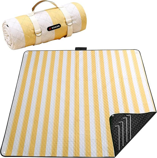 HX&OD Outdoor Picnic Blanket Extra Large, 80''*80'' Waterproof Picnic Mat with Stakes Foldable Camping Blanket Portable with Carry Strap for Beach Mat (Yellow& White, 80''*80'')-BubblyBeeBaby