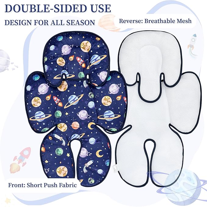 Pea Pod Baby Car Seat Head Support for Newborn, 2 in 1 Infant Car Seat Head Body Support for Boys Extra Soft Breathable Baby Car Seat Cushion Insert for Strollers, Swings, and Bouncers, Blue Space-BubblyBeeBaby