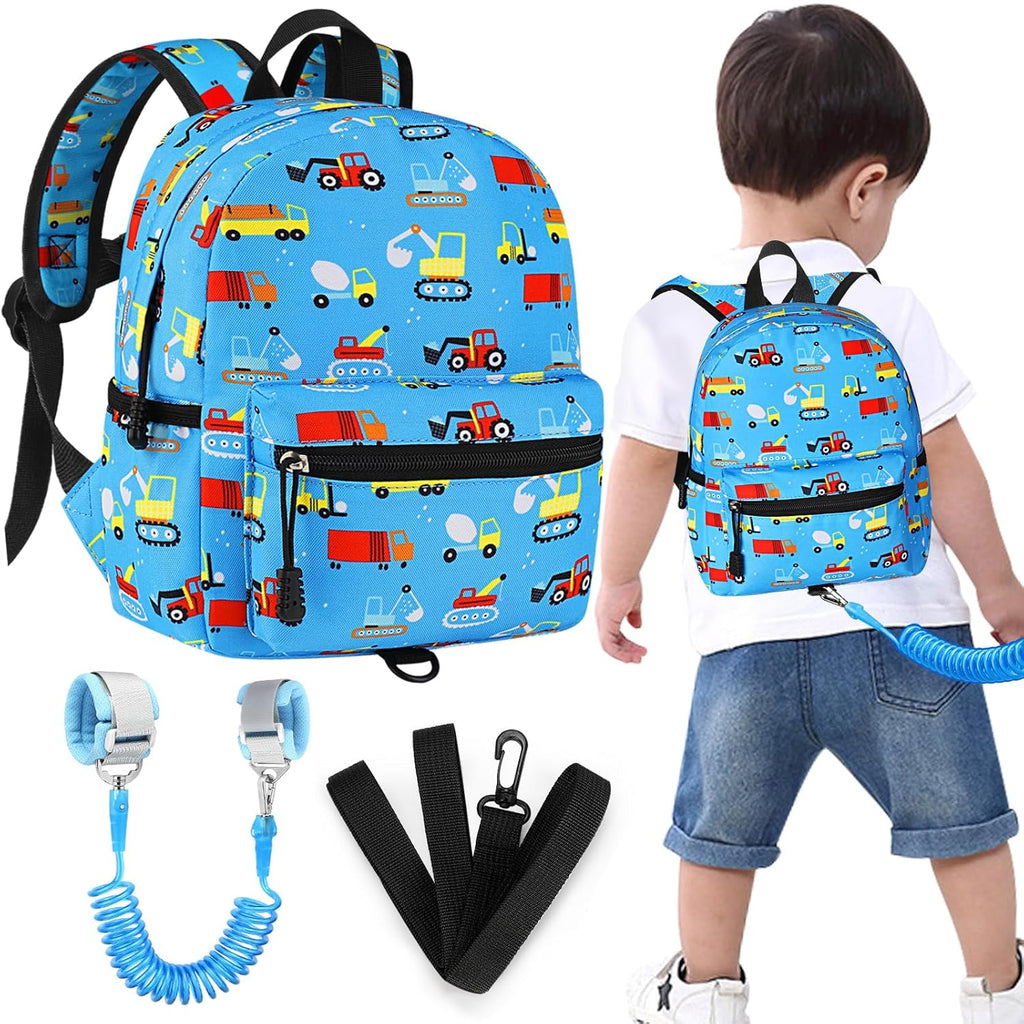 Accmor Toddler Backpack with Leash, Baby Backpacks with Anti Lost Wrist Link, Cute Mini Kids Backpack Leash Walking Harness for Travel, Small Excavator Backpack Tether for Boys Girls 1-3 (Light Blue)
