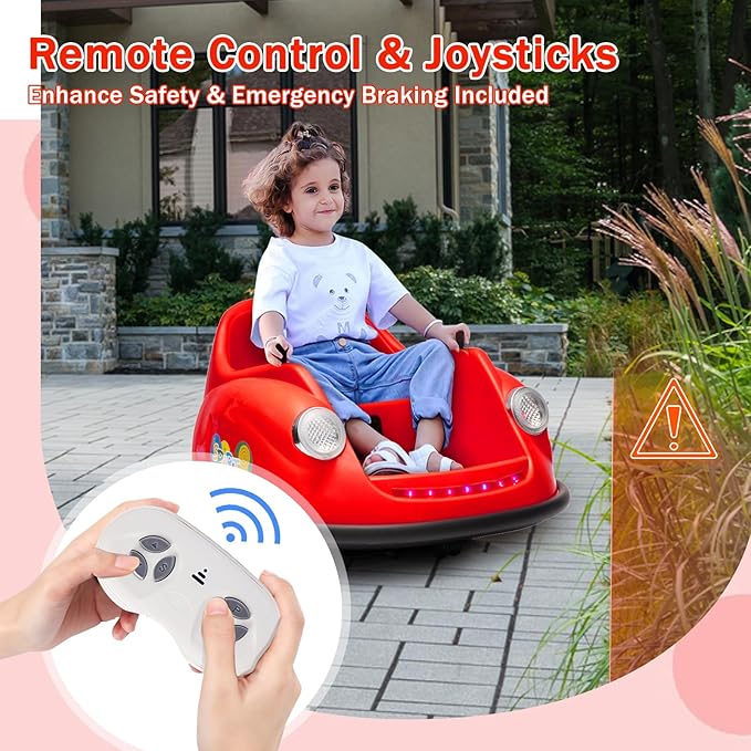 12V Bumper Car for Toddlers, Electric Toy Ride on Battery Car with Kids W/Parent Remote Control, 2-Speed, 360 Degree Spin, Music & LED Lights for Kids, Red-BubblyBeeBaby