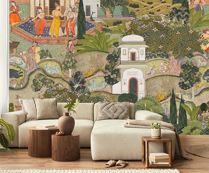 Indian Lush Jaipur Garden Wallpaper Mural Vibrant Green Wallpaper for Bedroom Living Room TV Sofa Background Large Art Wall Mural(Not Self-Adhesive)-BubblyBeeBaby