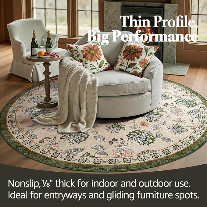 jinchan 6ft Floral Round Rug for Dining Room Washable Living Room Rug Vintage Romance Design Non Slip Indoor Floor Cover Lightweight Low-Profile Throw Carpet for Bedroom Porch Patio, Green/Beige-BubblyBeeBaby