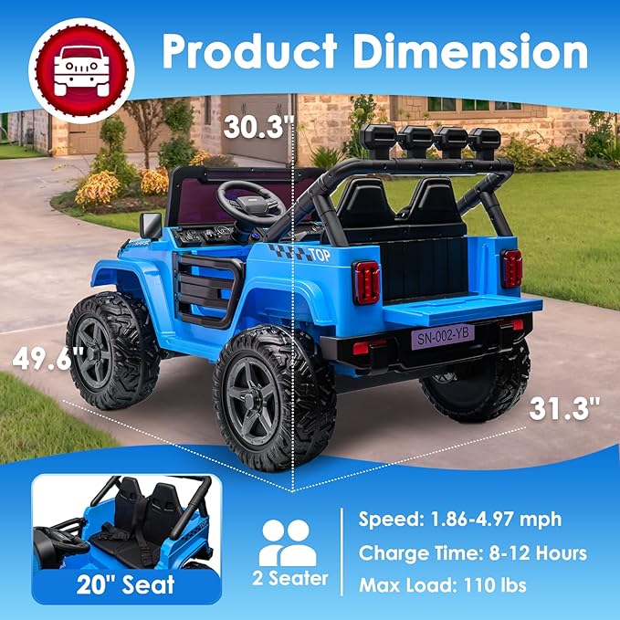 24V 2 Seater Ride On Truck with Remote Control 4WD Electric Car for Kids Ride On Car Battery Powered Ride On Toy Car with Music Player, LED Lights, Bluetooth, Rear Shock Absorber, Blue-BubblyBeeBaby