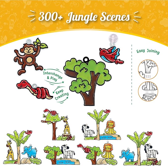 Imagimake Window Art Jungle Suncatcher Kit | Kids Crafts Supplies | Girls Toys Age 6-8 | Arts and Crafts for Kids Ages 8-12 | Creative Fun Craft Kit | Gifts for 5 Year Old Boys & Girls-BubblyBeeBaby
