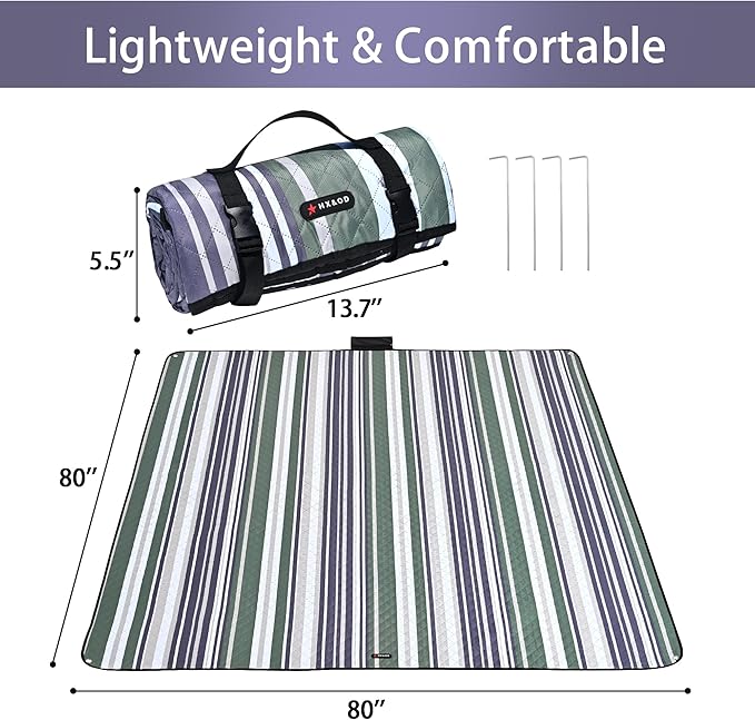 HX&OD Outdoor Picnic Blanket Extra Large, 80''*80' Waterproof Picnic Mat with Stakes Foldable Camping Blanket Portable with Carry Strap for Beach Mat (Green, 80''*80'')-BubblyBeeBaby
