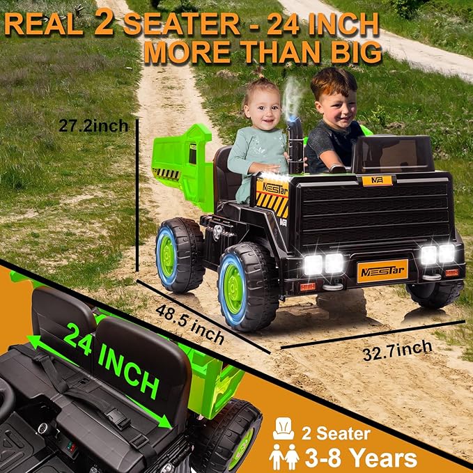 24V Ride On Dump Truck, 24inch-2 Seater Ride On Car for Kids w/Remote Control 4WD/2WD Up to 5 Mph, 24v Ride on Toys for Big Kids w/Electric Dump Bed Extra Shovel Traffic Cones (Green)-BubblyBeeBaby