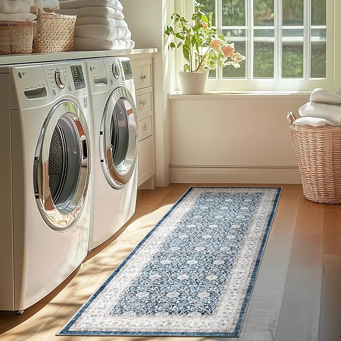jinchan Runner Rug 2x7 - Machine Washable Dark Blue Vintage Floral Distressed Design Soft Non-Slip Low-Pile Ultra-Thin Runner Rug for Kitchen Hallway Laundry Room Entryway Farmhouse (2‘x7',Dark Blue)-BubblyBeeBaby