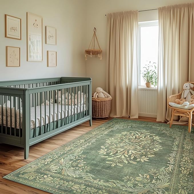 jinchan Floral 6x9 Green Area Rugs for Living Room - Machine Washable Vintage Distressed Design Soft Throw Rug Non-Slip Large Carpet for Bedroom Dining Room Home Office Nursery (6x9ft,Dark Green)-BubblyBeeBaby