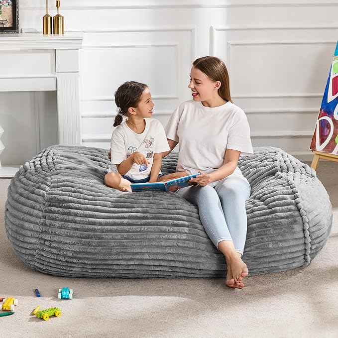 Hobestluk 4FT Bean Bag Chairs Adult Bean Bag with Portable Handle Comfy Large Bean Bag Chair with Removable Cover for Living Room Bedroom or Reading Nook (Stripe Grey, 4FT)-BubblyBeeBaby