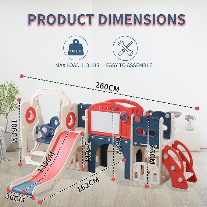 12 in 1 Toddler Outdoor Playset with Swing, Indoor Swing and Slide Set Playground for Toddlers 1-3, Durable Climber Basketball Hoop Ball Toddler Indoor Playset for Home Playground - Red Blue-BubblyBeeBaby