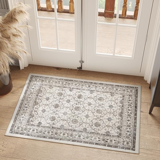 jinchan Floral 2x3 Rugs for Entryway - Machine Washable Beige Vintage Distressed Boho Design Soft Faux Wool Small Non-Slip Doormat for Entrance Kitchen Living Room Bedroom Farmhouse (2‘x3',Beige)-BubblyBeeBaby