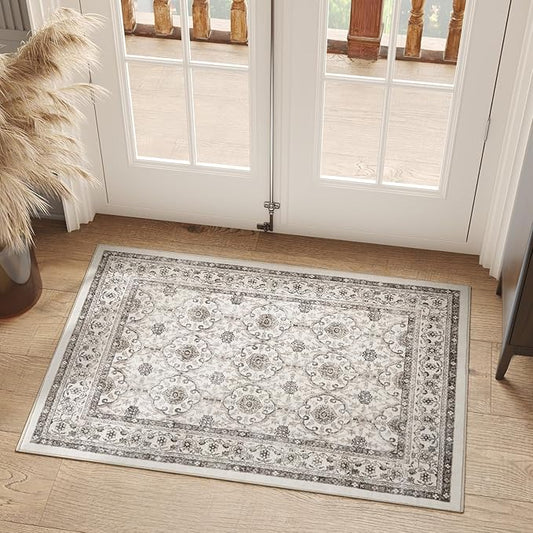 jinchan Floral 2x3 Rugs for Entryway - Machine Washable Beige Vintage Distressed Boho Design Soft Faux Wool Small Non-Slip Doormat for Entrance Kitchen Living Room Bedroom Farmhouse (2‘x3',Beige)-BubblyBeeBaby