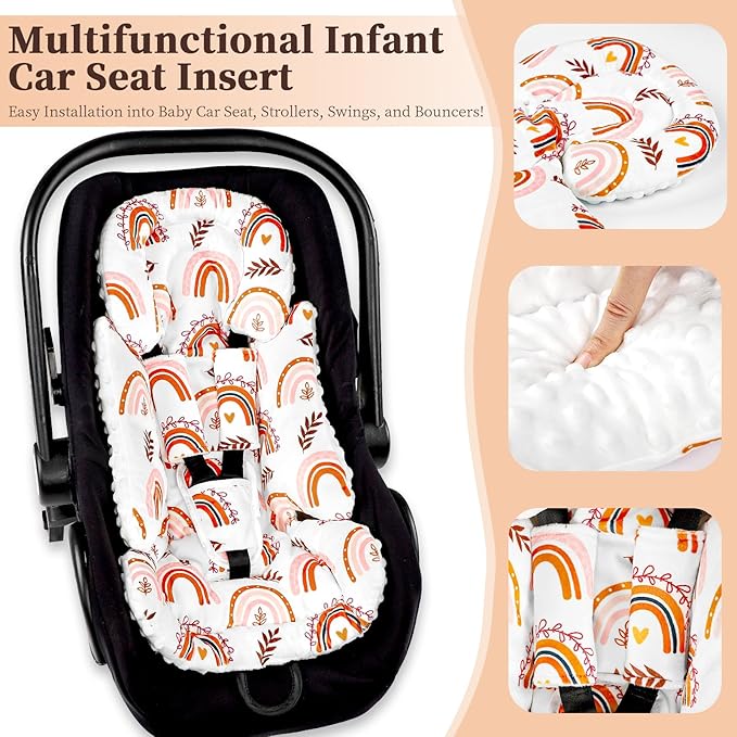 Pea Pod Infant Car Seat Insert with 3 Strap Covers, 3 in 1 Reversible Rainbow Baby Car Seat Head Support for Newborn, 3D Soft Minky Carseat Cushion for Preemie to Infant, Stroller, Swing, Bouncer-BubblyBeeBaby