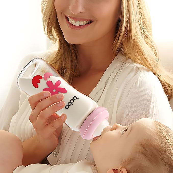 YOHKOH Natural Glass Baby Bottle with Natural Response Nipple, Newborn Anti-Colic Baby Bottles, Wide Neck Mushroom Cap Baby Bottle, Clear (Red, (8.8oz (Pack of 4))-BubblyBeeBaby