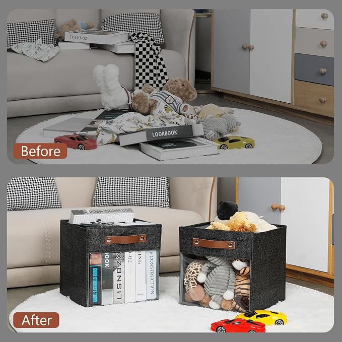 HNZIGE Fabric Cube Storage Bins 11 x 11, Collapsible Storage Cubes Bins for Storage Shelves,Foldable Cube Storage Bins for Storage, Cubby Closet Clear Bins for Storage Blanket(Prints Black 6PCS)-BubblyBeeBaby