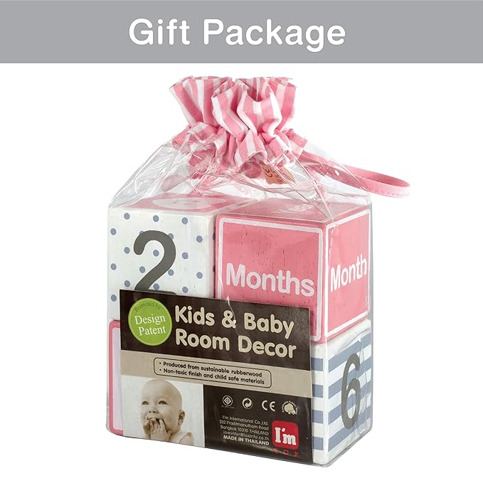 I'm Solid Wood Monthly Weekly Yearly Milestone Age Blocks, Newborn Gifts & Keepsakes for Picture Props (4 Pcs/Pink)-BubblyBeeBaby