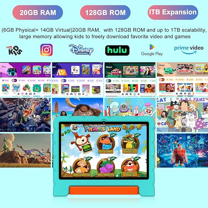 2025 Kids Tablet 10 inch Android 14 Tablets for Kid Octa-Core, 20GB+128GB (TF 1TB), Toddler Tablet with Shockproof Case, 2.4G+5G WiFi 6, Parental Control, Face Unlocked, Split Screen, BT5.0 (Green)-BubblyBeeBaby