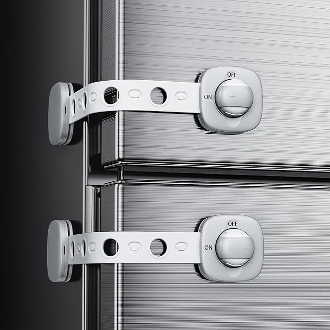 2 Pack Cabinet Locks/Refrigerator Locks Baby Proofing - Child Proof Locks for Drawer, Refrigerator, Fridge, Toilet Seat-No Screws or Tools Required (2 Pack-Grey Locks)-BubblyBeeBaby