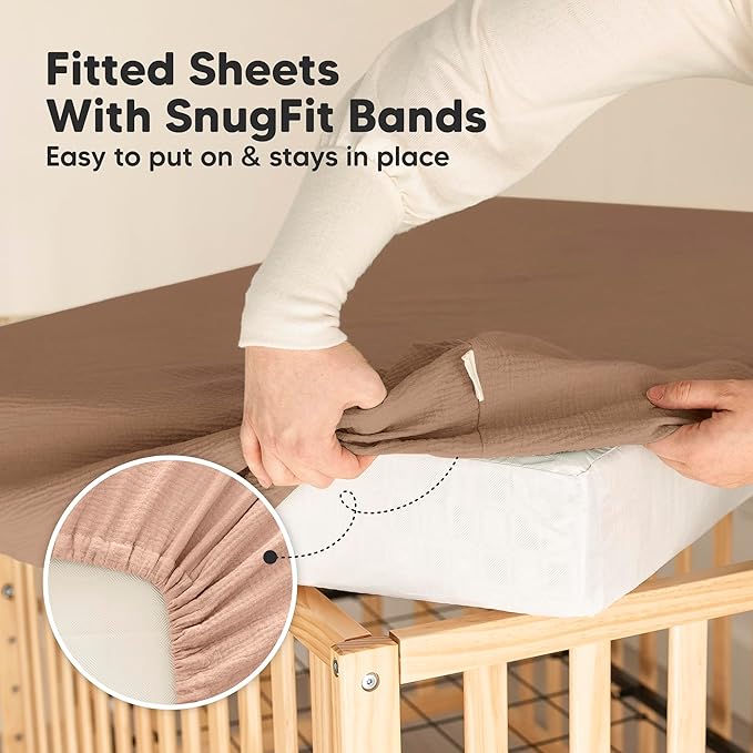 KeaBabies 2-Pack Muslin Crib Sheets for Boys, Girls - 100% Organic Cotton Fitted Baby Crib Mattress Sheet, Soft Breathable Standard Toddler Bed Cover Bedding Set, Neutral, Durable 52x28 (Russet)-BubblyBeeBaby