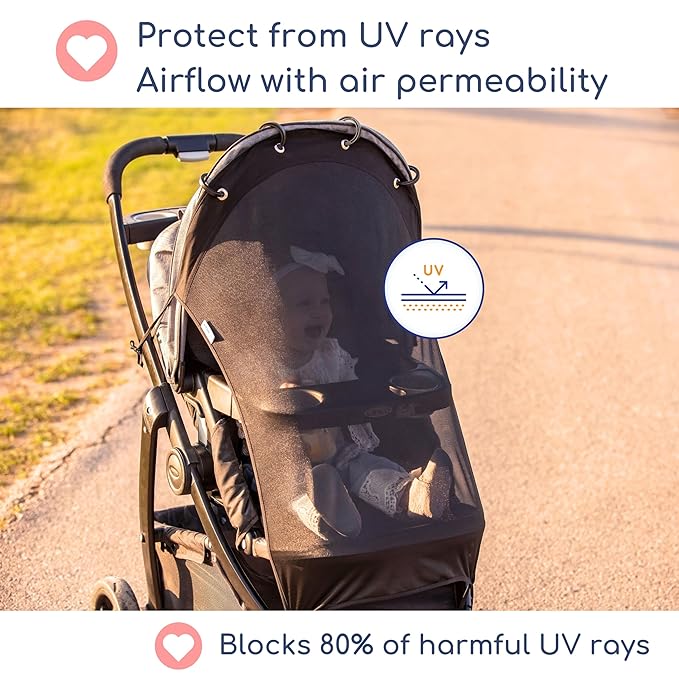 Stroller Sun Shade - Universal UV Protection Cover for Strollers Sunshade with See Through, Clip-On Sun Blocker, Sun Shield for Baby, Breathable Adjustable Fit, Full Coverage, L Black-BubblyBeeBaby