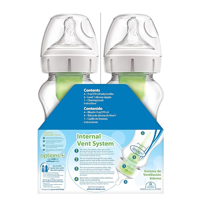 Dr. Brown's Natural Flow Anti-Colic Options+ Wide-Neck Baby Bottles, 9 oz/270 mL, with Level 1 Slow Flow Nipple, 4 Pack Good Morning/Good Night Gift Set-BubblyBeeBaby