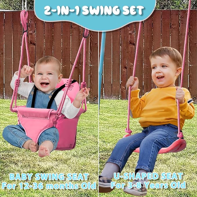 2-in-1 Toddler Swing Set with Metal Stand, Safety Belt & 4 Anchors - A-Frame Swing for Kids 6 Months+ (Pink, Indoor/Outdoor Backyard Playground)-BubblyBeeBaby