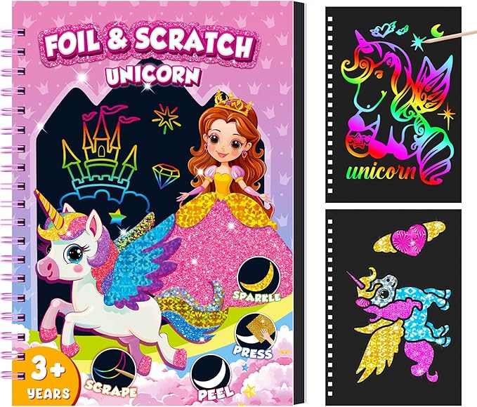 homicozy Art & Craft Activity for Kids: Foil Fun Unicorns and Princess & Scratch Art Book 2-in-1,No Mess Art Crafts for Girls,DIY Creative Activity Kit,Gifts for Girls Ages 4,5,6,7,8,9, Travel Toys-BubblyBeeBaby