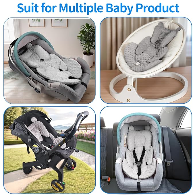 3in1 Baby CarSeat Head Support for Infant, Reversible Soft Infant Car Seat Insert Newborn Boy Girl, Breathable Cotton Head Body Support Pillow Cushion,Stroller,Swing,Bouncer,Baby Registry,Grey-BubblyBeeBaby