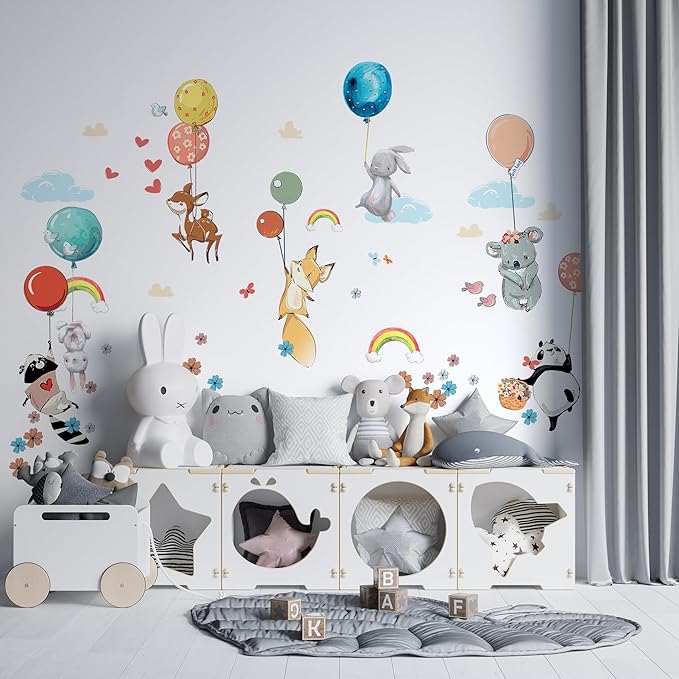 Hot Air Balloon Wall Decals by Lipastick - Peel and Stick Animal Stickers Raccoon, Fox, Koala, Panda for Kids Room, Nursery, Playroom, Bedroom - Playroom Wall Decals for Boys, Girls, Babies - M Size-BubblyBeeBaby