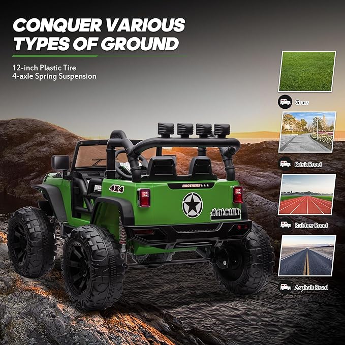 24V 9Ah Ride on Toy for Big Kids, 4x4 2 Seater Ride on Car Truck w/Remote Control, 4x200W Motors - Green-BubblyBeeBaby