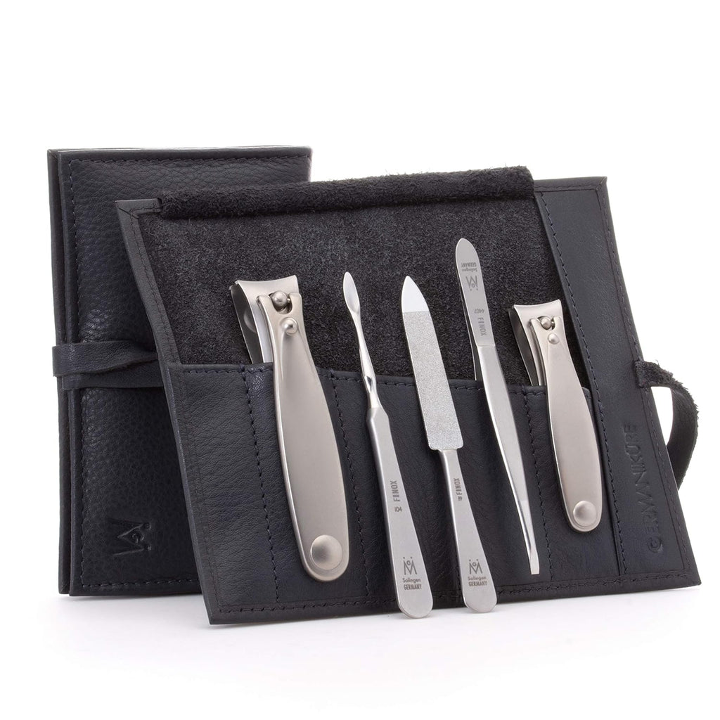 GERMANIKURE 5pc Manicure Set in Black Leather Case - Made in Solingen Germany, FINOX Stainless Steel Tools – Professional Quality Compact Nail Grooming Kit