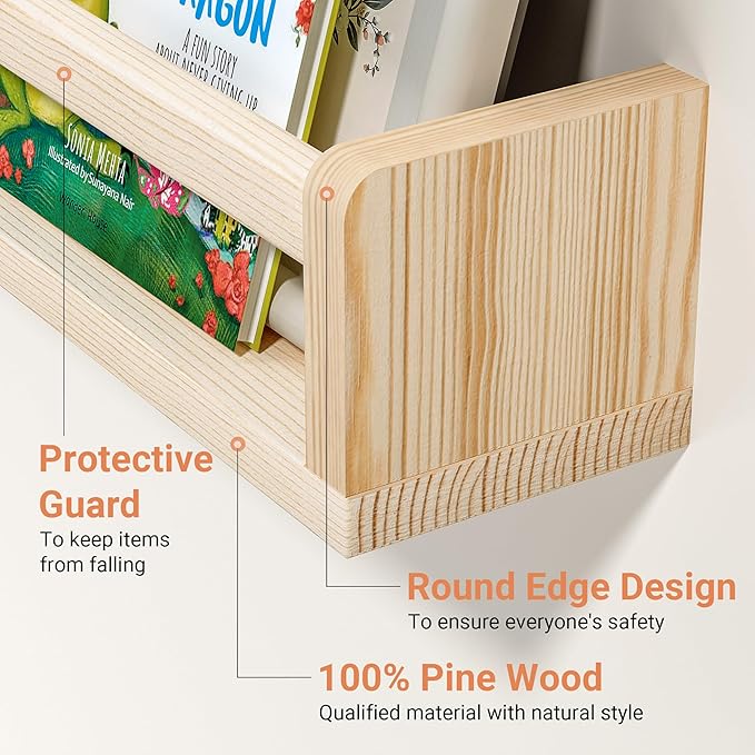 Heimlove Nursery Floating Shelves, Wood Nursery Book Shelves for Wall, 24 inch Wall Bookshelf for Kids Solid Wood for Books,Toys and Decor Storage, Set of 3-BubblyBeeBaby