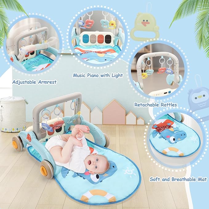 2 in 1 Baby Play Gym with Walker for Newborn, Baby Play Mat Activity Gym with 4 Infant Learning Sensory Tummy Time Mat for Infant Christmas Gifts Adjustable Height (Blue)-BubblyBeeBaby
