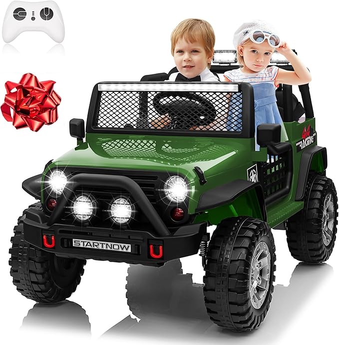 24V 4WD Ride on Truck Car w/800W Motors, Gift Flower, Remote Control, 2 Seaters, Light Bar, 3 Speeds, Pop Music, Power Four Wheels, 24 Volt Ride on Toy Car for Big Kids, Green-BubblyBeeBaby