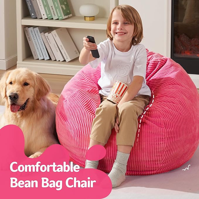 Homguava 2FT Bean Bag Chair,Teardrop Bean Bags Small Beanbag Chair with Memory Foam Filled and Ultra Soft Corduroy Cover for Living Room, Bedroom (Small,Pink)-BubblyBeeBaby