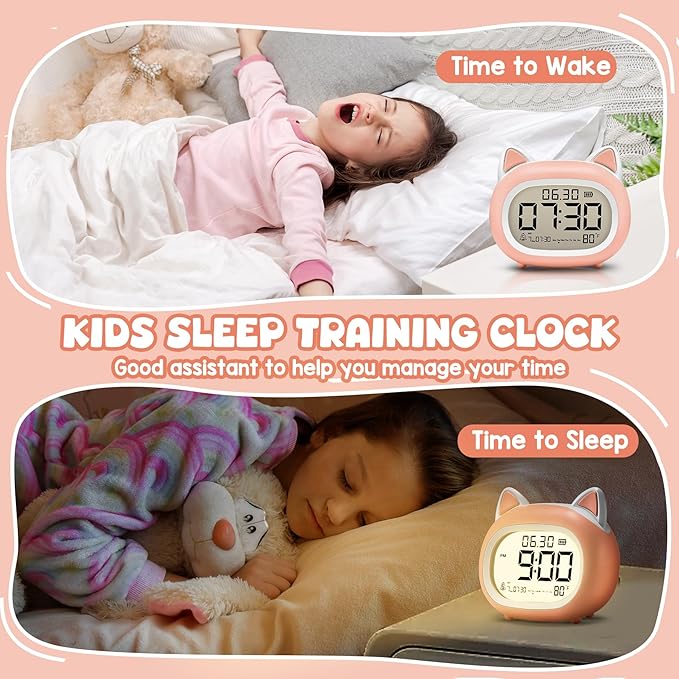 Kids Alarm Clock with Night Light for Kids, Small Digital Alarm Clocks for Bedrooms, Routine Builder, Cute Cat Alarm Clock with Sleep Training, Snooze, 12/24H, Date & Day, Temperature, USB Port-BubblyBeeBaby