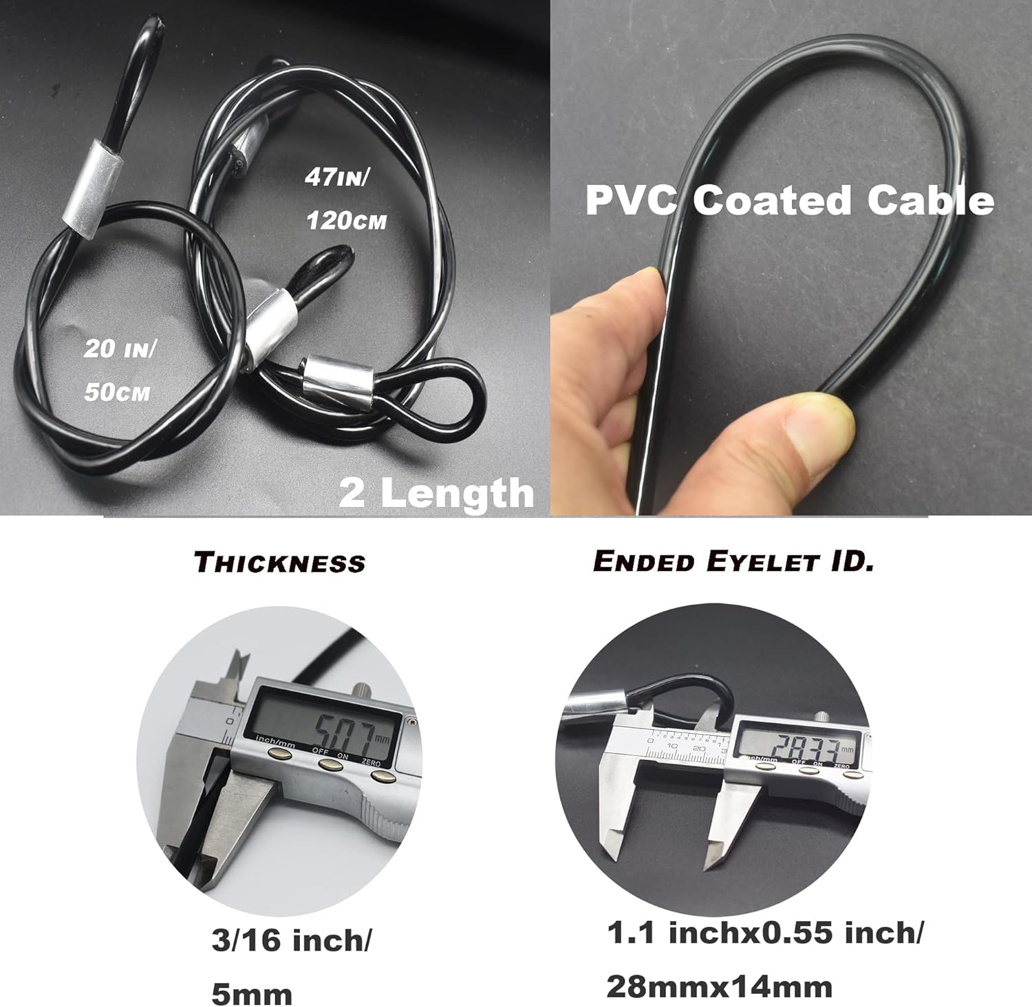4 pcs 47 inch (120cm) 5mm Thickness Vinyl Cover Coated Galvanized Steel Wire Cable with Loops Security Lanyard Rope Tether Lock, Black