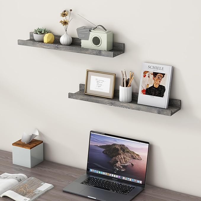 24 Inches Floating Shelves for Wall, Solid Pine Wood Picture Ledge Shelves, Wall Shelves with Lips, Nursery Book Shelves for Toys Storage Living Room Bedroom Photo Frames (2 Pcs, Grey)-BubblyBeeBaby