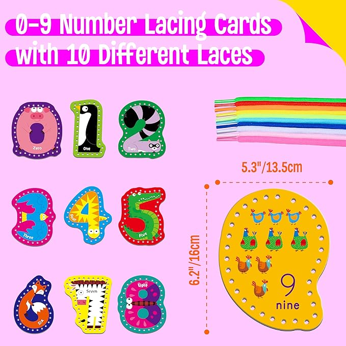 10 Pieces Number Lacing Cards, 0-9 Double Sided Sewing Cards with 10 Colorful Laces, Imagination Development Lacing Toys Games for Children Educational and Learning Activity-BubblyBeeBaby