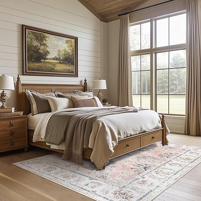 jinchan Washable Area Rug 5x7 Ultra-Thin Low Pile Non Slip Stain Resistant Soft Faux Wool Spring Floral Distressed Vintage Carpet for Bedroom,Living Room,Dining Room,Kitchen,Nursery(Pink, 5' x 7')-BubblyBeeBaby