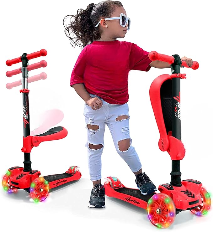 Hurtle 3-Wheeled Scooter for Kids - Wheel LED Lights, Adjustable Lean-to-Steer Handlebar, and Foldable Seat - Sit or Stand Ride with Brake for Boys and Girls Ages 1-14 Years Old-BubblyBeeBaby