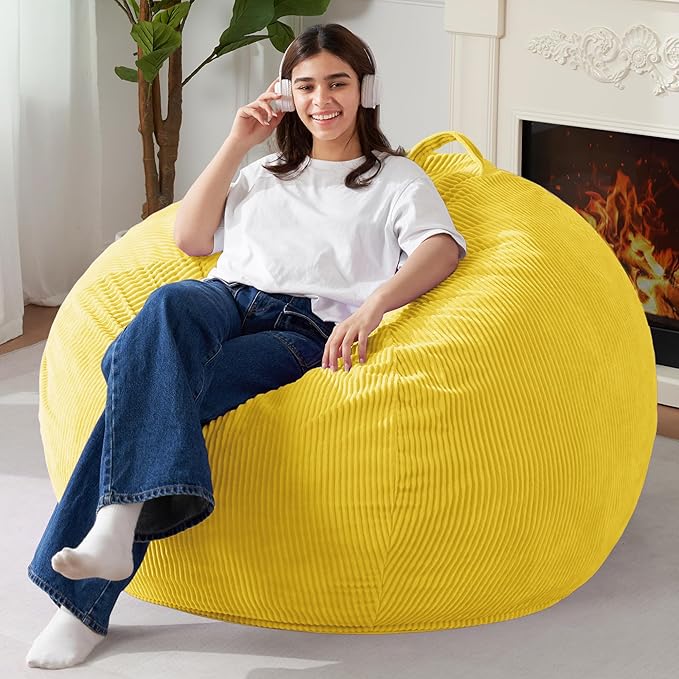 Homguava 3.5FT Bean Bag Chair: Teardrop Bean Bags with Memory Foam Filled, Compact Beanbag Chairs Soft Sofa with Corduroy Cover (Yellow)-BubblyBeeBaby