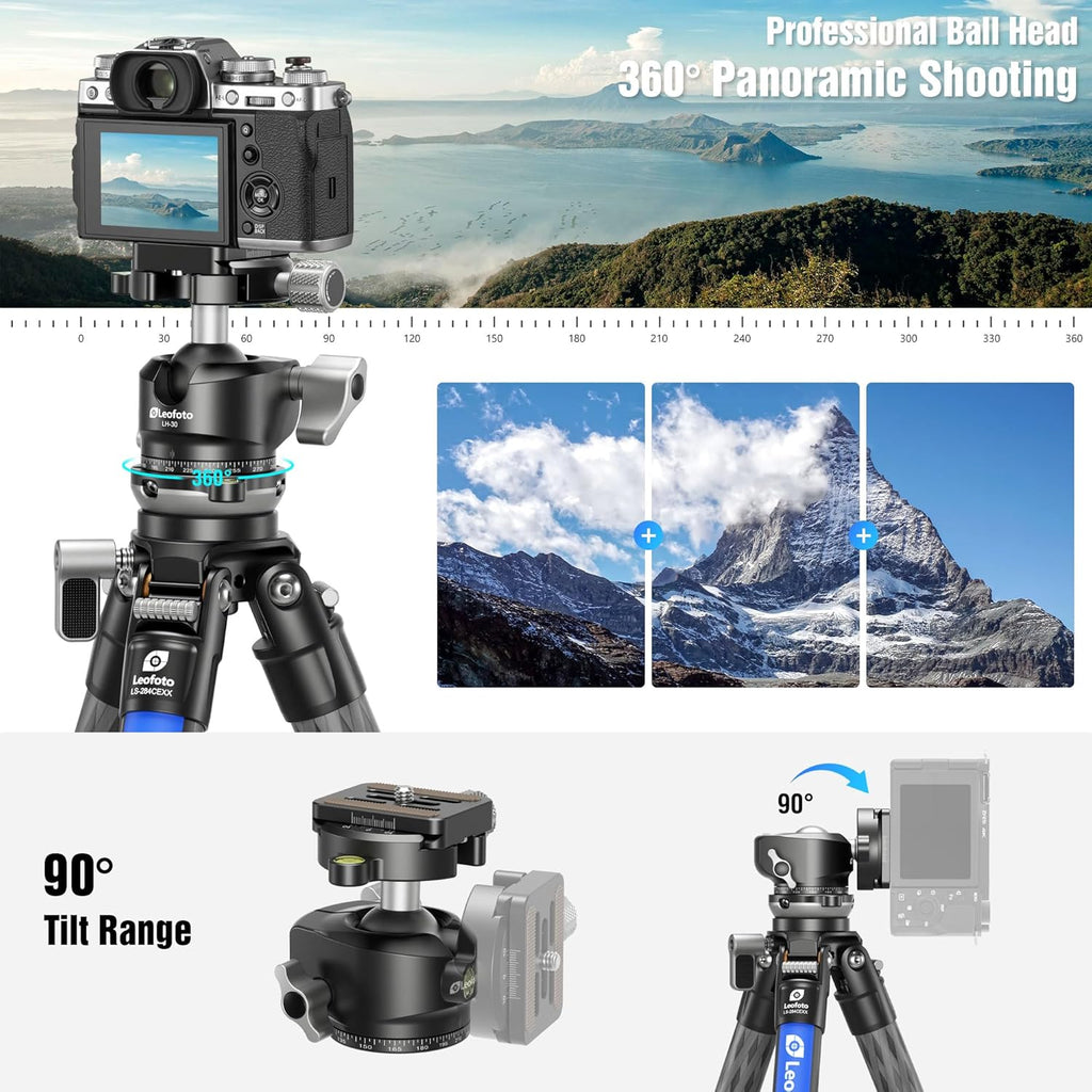 LEOFOTO Carbon Fiber Tripod with Leveling Base for Camera, 360° Rotating Ball Head, 1/4" QR Plate for Sport Camera/Phone/Projector, Compact Tripod with Panoramic Base, A Bubble Level, Max Load 22LB