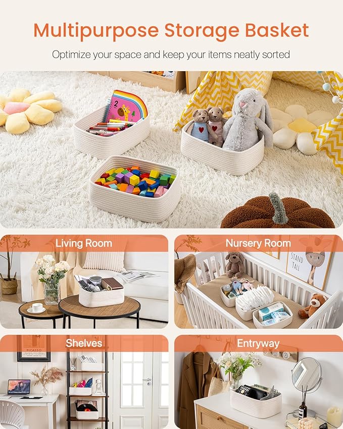 KALLAX Small Woven Basket, 12 x 8 x 4.5 Inches, Storage Basket for Organizing, Cute Small Rope Shelf Closet Cube Storage Bins Baskets for Shelves, Dog Toy Gift Baskets Empty, 3 Packs, Off White-BubblyBeeBaby