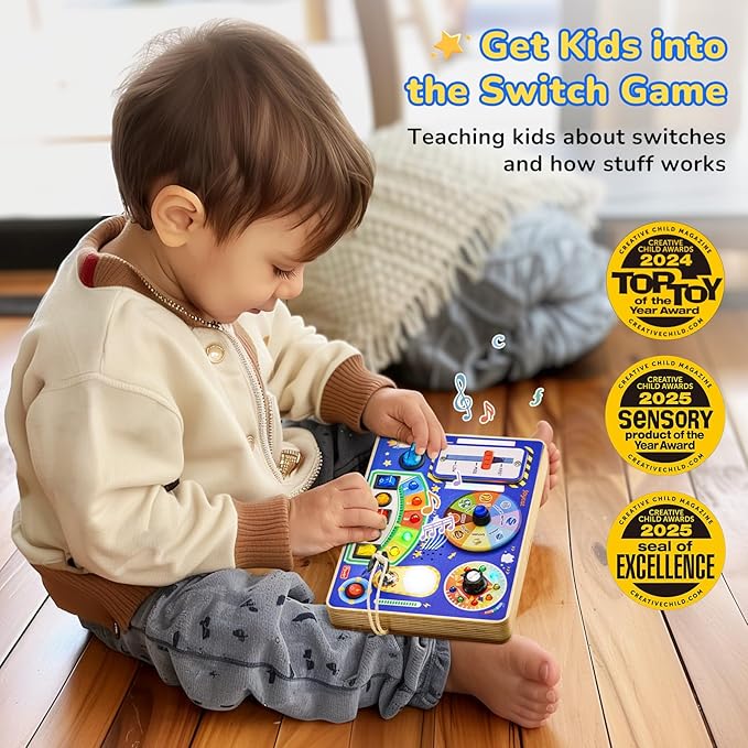 JoyCat Busy Board with Led Light, Toddler Toys for 1 2 3 4 Year Old Boys and Girls, Wooden Sensory Toys with Music, Travel Toy for Toddlers 1-3, Birthday Presents (Blue)-BubblyBeeBaby