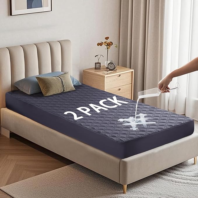2 Pack Waterproof Mattress Protector, Twin XL Size Mattress Pad with Deep Pocket 6"-15" Depth, Soft Breathable Dirt-Proof Single Bed Mattress Cover for Bedroom, Dorm Room (Navy Blue)-BubblyBeeBaby
