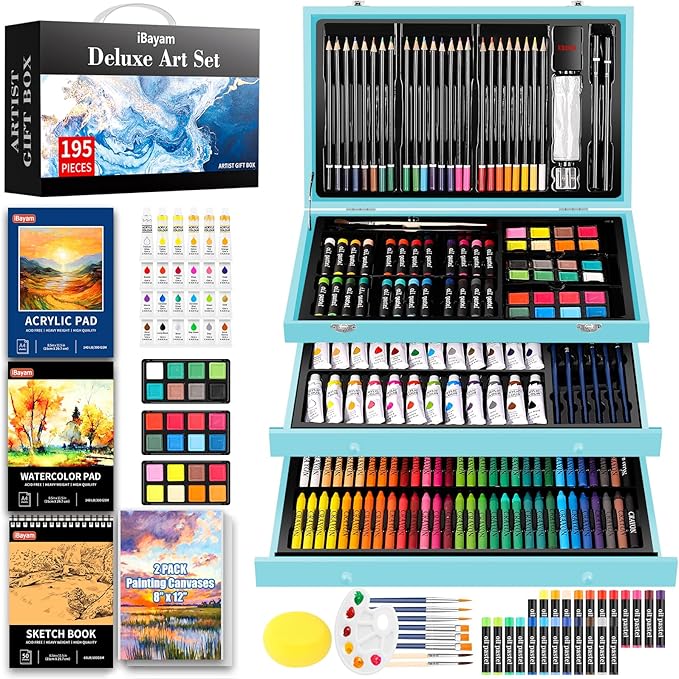 iBayam Art Set for Kids Teens Girls Boys Adult, 195-Pack Deluxe Artist Gift Box with 3 PCS Drawing Pads, A4 Canvases, Arts and Crafts Kits, Painting, Drawing & Art Supplies with 24 Color Acrylic Paint-BubblyBeeBaby