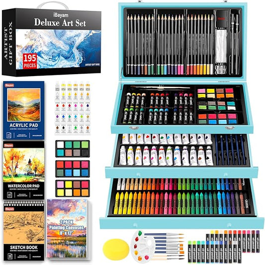 iBayam Art Set for Kids Teens Girls Boys Adult, 195-Pack Deluxe Artist Gift Box with 3 PCS Drawing Pads, A4 Canvases, Arts and Crafts Kits, Painting, Drawing & Art Supplies with 24 Color Acrylic Paint-BubblyBeeBaby